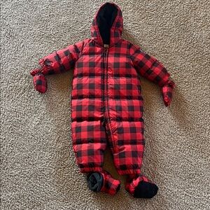 Baby Gap down fill Snowsuit red buffalo plaid snap mitten bootie Size 12-18 mo